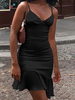 Robe Moulante en Satin Courte Femme avec Bretelles à Col Décolleté en V Coupe Cintrée Bas Volante Unicolore Robe Sexy Robe Eté