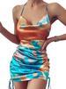 Robe Moulante en Satin Courte Imprimé avec Bretelles à Col Décolleté en V Coupe Cintrée à Lacets avec Dos Nu Multicolores Robe Eté Sexy