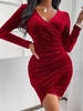 Robe Moulante en Satin Femme Courte à Col V avec Manches Longues Coupe Cintrée Unicolore Robe Sexy