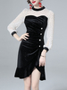 Robe Moulante en Velours Femme Courte à Col Rond avec Manches Longues Amples Coupe Cintrée Bicolores