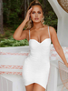 Robe Moulante Eté Sexy Femme Courte en Plis avec Bretelles à Col Décolleté en V Coupe Cintrée Unicolore Robe Eté Sexy
