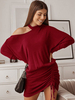 Robe Moulante Femme avec Manches Longues à Col Rond avec Epaule Dénudée Coupe Cintrée avec Fente à Lacets Unicolore Robe Sexy