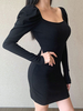 Robe Moulante Femme avec Manches Longues Amples à Col Carré Silhouette Coupe Cintrée Unicolore Robe Femme