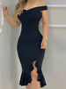 Robe Moulante Femme Courte avec Epaule Dénudée avec Bretelles Coupe Cintrée avec Fente Bas Volante Unicolore Robe de Soirée Robe Eté