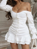 Robe Moulante Femme Courte avec Manches Longues Amples avec Epaule Dénudée Coupe Cintrée Unicolore