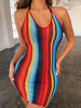 Robe Moulante Femme Côtelé Courte sans Manches à Col V Silhouette Multicolores avec Les Rayures Coupe Cintrée Robe Femme