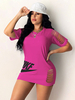 Robe Moulante Femme Imprimé Mots Sexy à Col Rond avec Manches Courtes Coupe Cintrée Creusante Unicolore Robe Eté Sexy