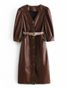 Robe Moulante Femme Longue à Cuir Synthétique Vernis Ceinturé à Lacets à Col V avec Manches Mi-Longues Amples Unicolore Fermeture avec Boutons