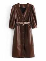 Robe Moulante Femme Longue à Cuir Synthétique Vernis Ceinturé à Lacets à Col V avec Manches Mi-Longues Amples Unicolore Fermeture avec Boutons