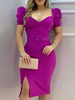 Robe Moulante Femme Mi-longue avec Manches Courtes Amples Coupe Cintrée avec Fente Unicolore