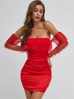 Robe moulante femme Ture rouge manches longues bohème col bateau slim fit