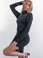 Robe Moulante Femmes à Col Montant avec Manches Longues Coupe Cintrée à Lacets Unicolore Fente Latérale Sexy Robe Moulante Femmes
