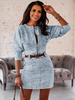 Robe Moulante Femmes à Col Rond en Denim Fermeture à Zip Coupe Cintrée Ceinturé avec Manche Mi-Longue Unicolore Robe Moulante Femmes
