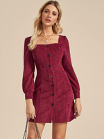 Robe moulante Femmes à Manches Longue Lanterne Silhouette à Col Carré Unicolore Coupe Cintrée Fermeture avec Les Boutons Robe moulante Femmes