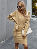 Robe moulante Femmes à Manches Longues Silhouette avec Décolleté en V Unicolore avec Ceinture Sexy Robe moulante Femmes Hiver