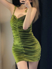 Robe Moulante Femmes en Velours Côtelés Courte en Col V à Lacets Sans Manches Unicolore Sexy