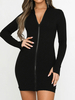 Robe Moulante Femmes Silhouette en Mailles Coupe Cintrée à Col V à Zip avec Manches Longues Sexy Unicolore Robe moulante Femmes