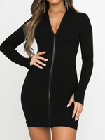 Robe Moulante Femmes Silhouette en Mailles Coupe Cintrée à Col V à Zip avec Manches Longues Sexy Unicolore Robe moulante Femmes