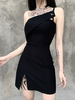 Robe moulante gothique noire Robe gothique à une épaule en polyester rétro