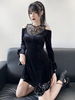 Robe moulante gothique pour femmes en dentelle noire à manches courtes et col bijou en coton