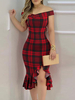 Robe Moulante Imprimé Carreaux avec Bretelles avec Epaule Dénudée Coupe Cintrée avec Fente Bicolores Robe Eté Robe de Soirée Sexy