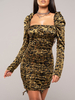 Robe Moulante Imprimé Courte Femme à Col Carrré avec Manches Longues Coupe Cintrée Sexy