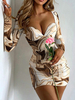 Robe Moulante Imprimé Courte Femme à Col Décolleté en V avec Manches Longues Coupe Cintrée Bicolores Robe Sexy