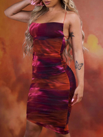 Robe Moulante Imprimé Courte Sexy Eté avec Bretelles à Col Décolleté en V Coupe Cintrée en Plis Robe Eté