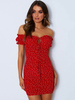 Robe Moulante Imprimé Courte Sexy Eté avec Manches Courtes Amples avec Epaule Dénudées Coupe Cintrée Bicolores Robe Eté Sexy