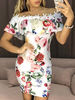 Robe Moulante Imprimé Fleurie Courte avec Manches Courtes Volantes avec Epaule Dénudée Coupe Cintrée Bicolores Robe Eté Sexy