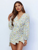 Robe Moulante Imprimé Fleurie Femme Courte à Col V avec Manches Longues Amples Coupe Cintrée en Plis Bas Evasée Robe Femme