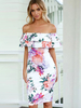 Robe Moulante Imprimé Fleurie Mi-longue avec Epaule Dénudée avec Manches Courtes Volantes Coupe Cintrée Bicolores Robe Eté