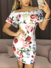 Robe Moulante Imprimé Fleurie Sexy Courte Femme avec Manches Courtes Volante avec Epaule Dénudée Coupe Cintrée avec Dos Nu Multicolores Robe Eté Sexy