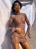 Robe Moulante Imprimé Léopard Femme Courte avec Manches Longues à Col Montant Coupe Cintrée Bicolores Robe Sexy