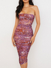 Robe Moulante Imprimé Mi-longue en Plis Femme à Col Décolleté Coupe Cintrée Bicolores Robe Sexy Robe Eté