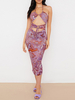 Robe Moulante Imprimé Mi-longue en Plis Femme avec Bretelles à Col Décolleté Coupe Cintrée Bicolores Robe Sexy Robe Eté