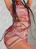 Robe Moulante Imprimé Rayures Sexy Courte à Col Montant avec Manches Courtes Coupe Cintrée Tricolores Robe Eté Robe de Club Sexy