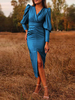 Robe Moulante Longue en Satin Femme à Col V avec Manches Longues Amples Coupe Cintrée avec Fente Unicolore