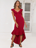 Robe Moulante Longue Femme à Col Décolleté en V avec Bretelles Coupe Cintrée avec Traîne Unicolore