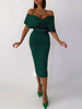 Robe Moulante Longue Femme à Col Décolleté en V avec Manches Courtes avec Epaule Dénudée Coupe Cintrée Unicolore Robe Sexy