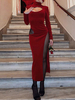 Robe Moulante Longue Femme à Col Décolleté en V avec Manches Longues Coupe Cintrée avec Fente Unicolore Robe Sexy