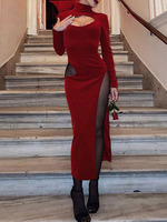 Robe Moulante Longue Femme à Col Décolleté en V avec Manches Longues Coupe Cintrée avec Fente Unicolore Robe Sexy