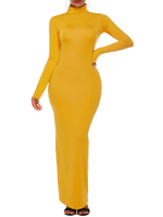 Robe Moulante Longue Femme à Col Montant avec Manches Longues Coupe Cintrée Unicolore Sexy