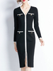 Robe Moulante Longue Femme à Col V avec Manches Longues Coupe Cintrée Bicolores
