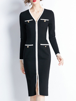 Robe Moulante Longue Femme à Col V avec Manches Longues Coupe Cintrée Bicolores