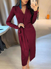 Robe Moulante Longue Femmes à Col Décolleté en V avec Manches Longues Coupe Cintrée à Lacets Unicolore Robe Sexy