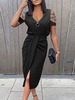 Robe Moulante Mi-longue Femme à Col Décolleté en V avec Manches Courtes Coupe Cintrée Unicolore Robe Sexy