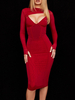 Robe Moulante Mi-longue Femme à Col Décolleté en V avec Manches Longues Coupe Cintrée Unicolore Robe Sexy