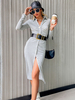 Robe Moulante Mi-longue Femme à Col Revers avec Manches Longues Coupe Cintrée avec Fente Unicolore Robe Femme