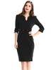 Robe Moulante Mi-longue Femme avec Manches Mi-longue à Col V Coupe Cintrée avec Ceinture Unicolore Robe Eté Robe de Cocktail